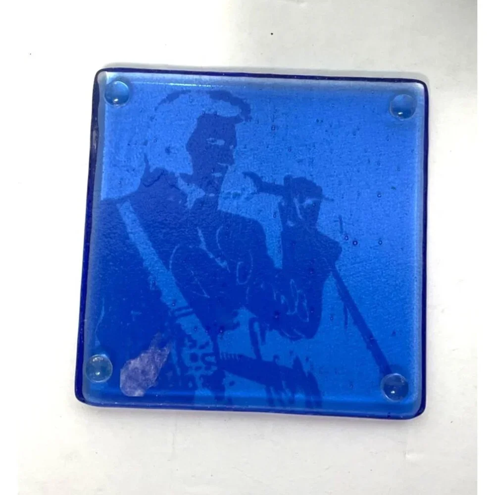 Set Of 2 Fused Glass Coasters Featuring Elvis Presley Designs In Red & Blue