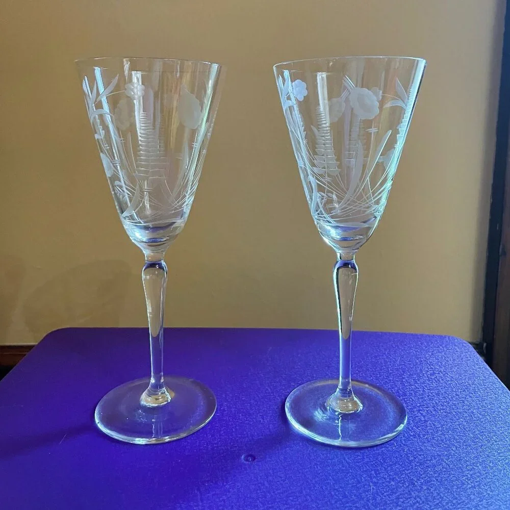 Vintage etched wine or water goblets.
