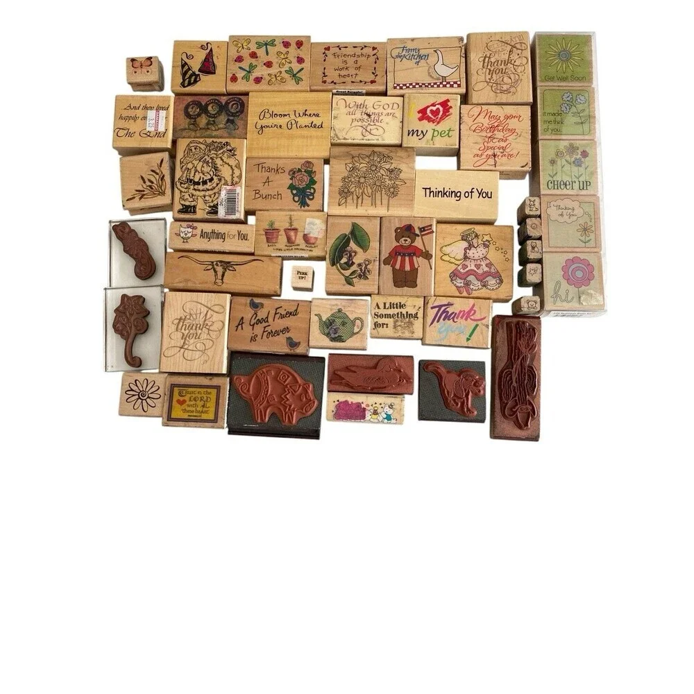 48 Rubber Stamp Lot Wood Mount & Acrylics New and Used Assorted