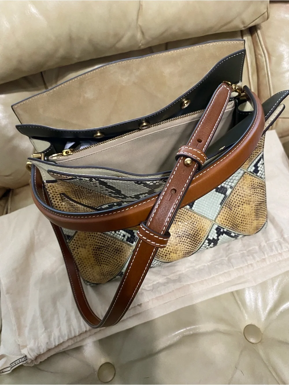 LKNW Tory Burch Lee Radziwill Large Double Bag Leather Snake Python Green Beige