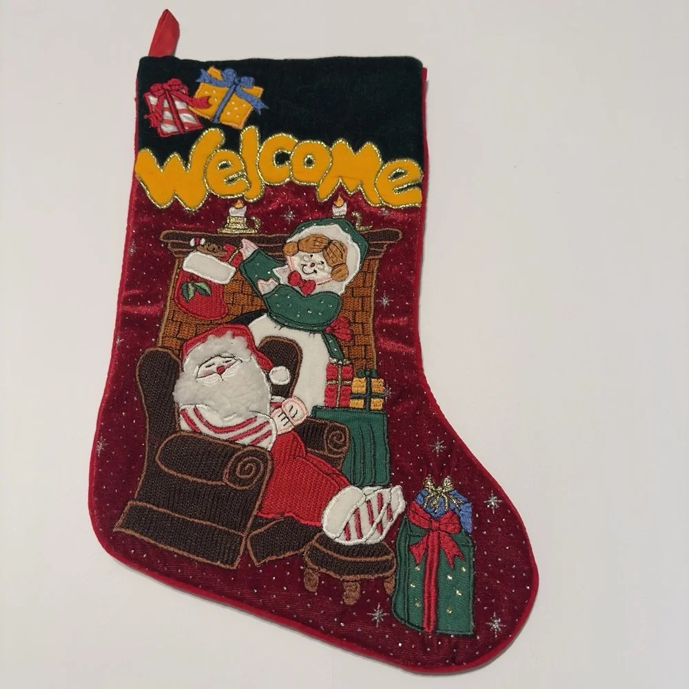 Prima Creations Stitched Christmas Stocking Santa‎ Mrs Santa Fireplace WELCOME