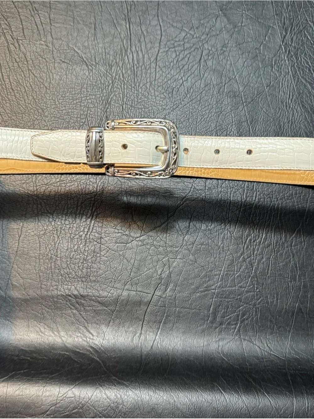 Brighton Reversible Croc Embossed Leather Belt Ivory Tan Silver Buckle L 34