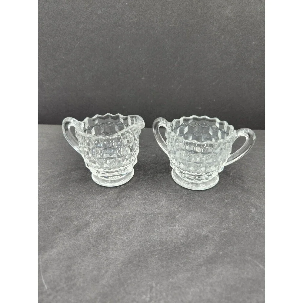 Vintage Fostoria American Glass Cubist Tea Cream and Sugar‎ Set Rare small size