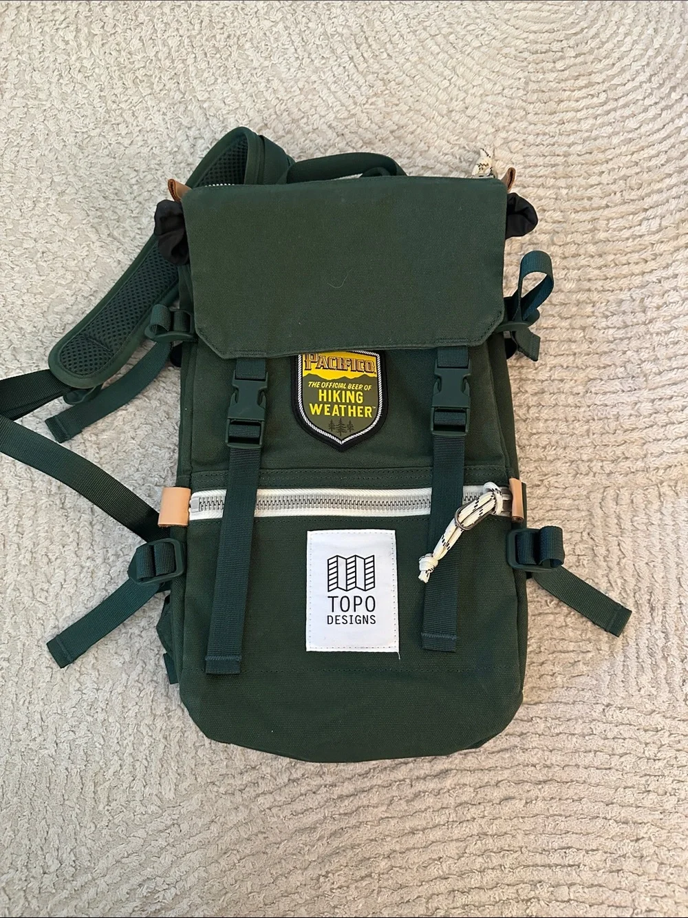 Topo Designs Mini River Green Canvas Backpack with White Zip Pocket