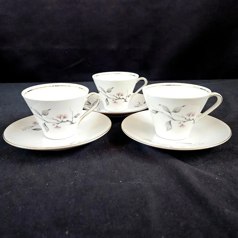 Schumann Arzburg Bavaria Tea Cup and Saucer Set of 3 Pink Flowers Gray‎ Branches
