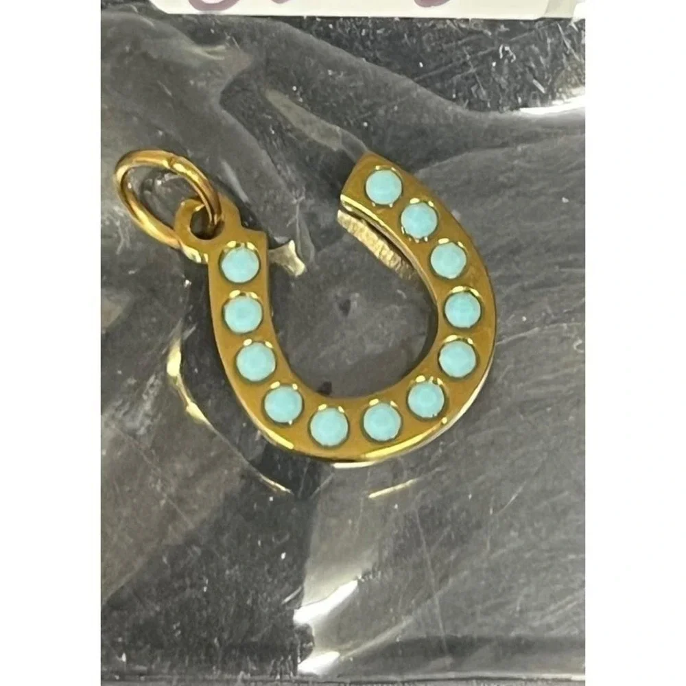 18K‎ Gold PVD Stainless Steel Turquoise Stone Horseshoe Charm 15mm NEW