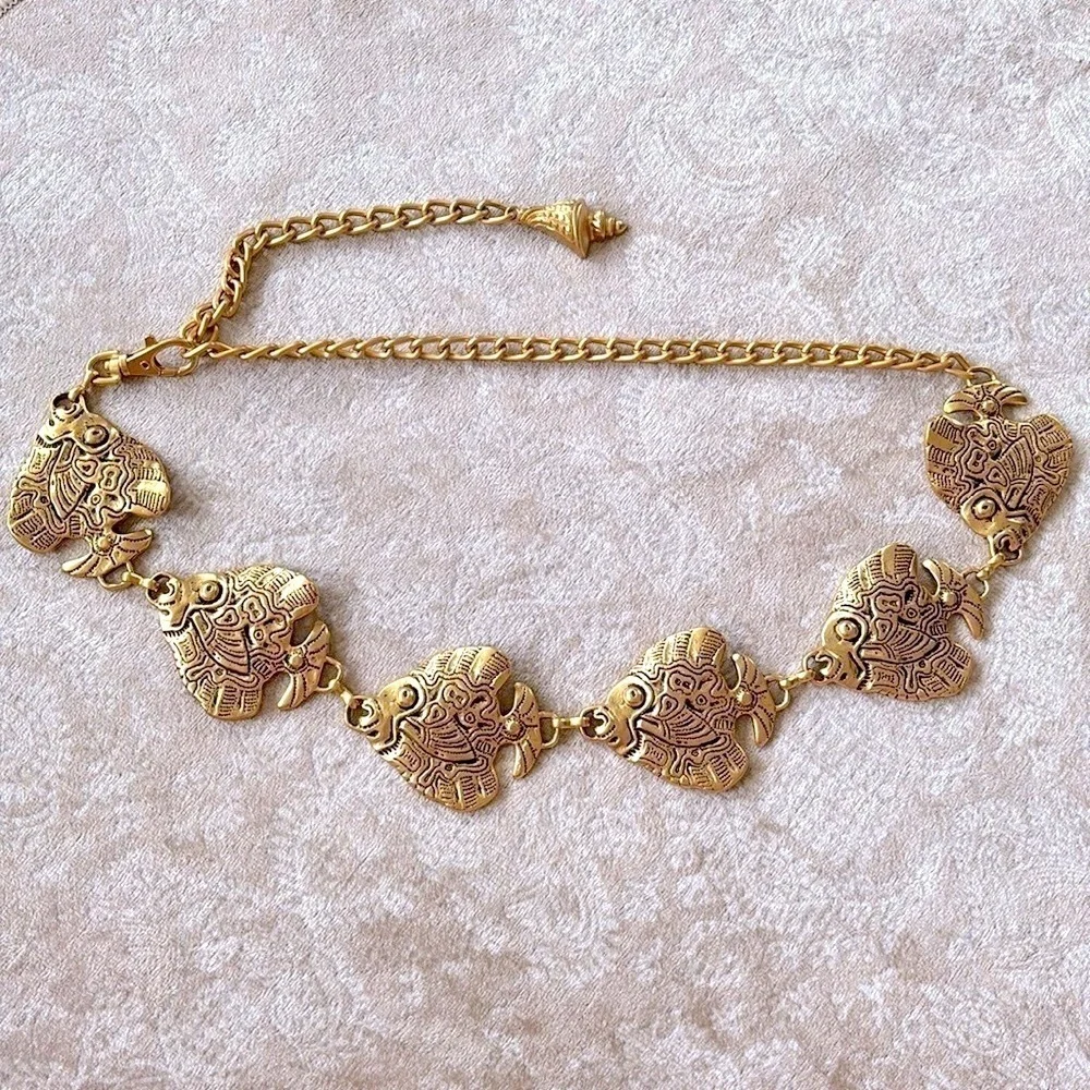 VINTAGE Gold Tone Tropical Angel Fish Chain Belt Metal Cinch Waist Lobster Clasp