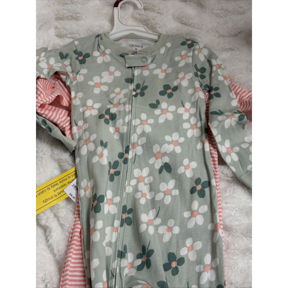 NWT Carter's Girls 2-Piece Cotton Long Sleeve Footed Zip One Piece Sleepers 3T