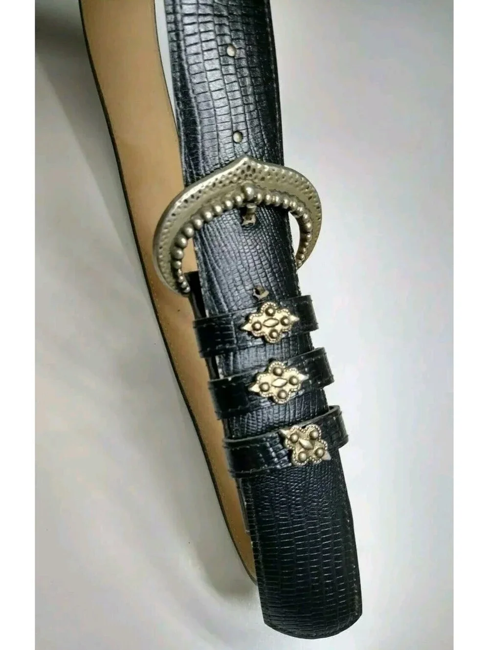 Vintage 90s Grunge Gotti Black Reptile Belt FAUX LEATHER PLEATHER Size S/M 26-28