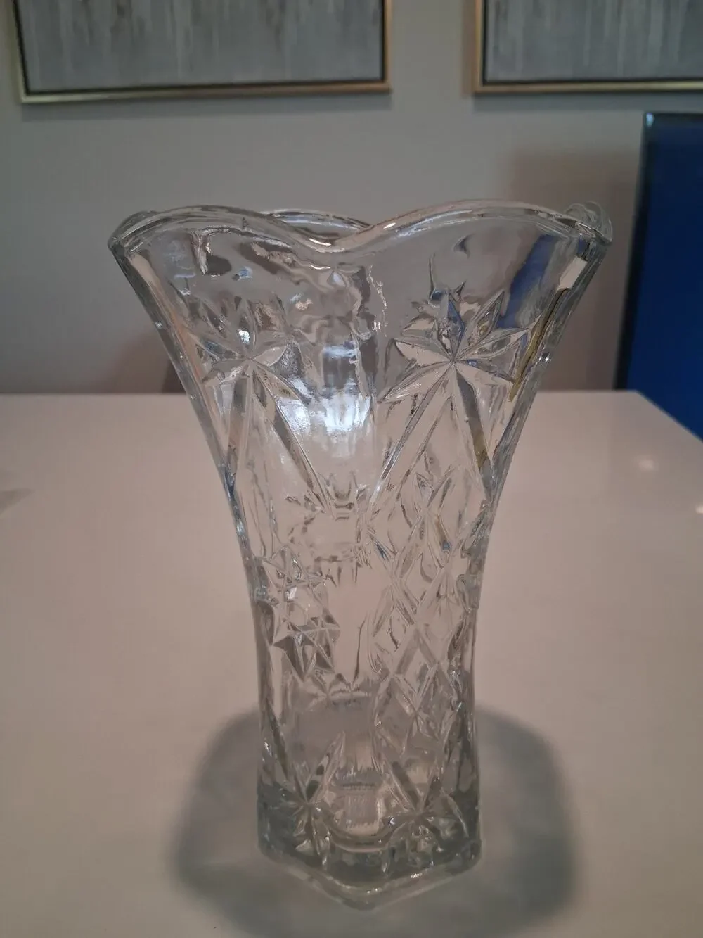 Vtg 1960s Anchor Hocking Prescut Star of David Clear Glass Flower Vase 8.5