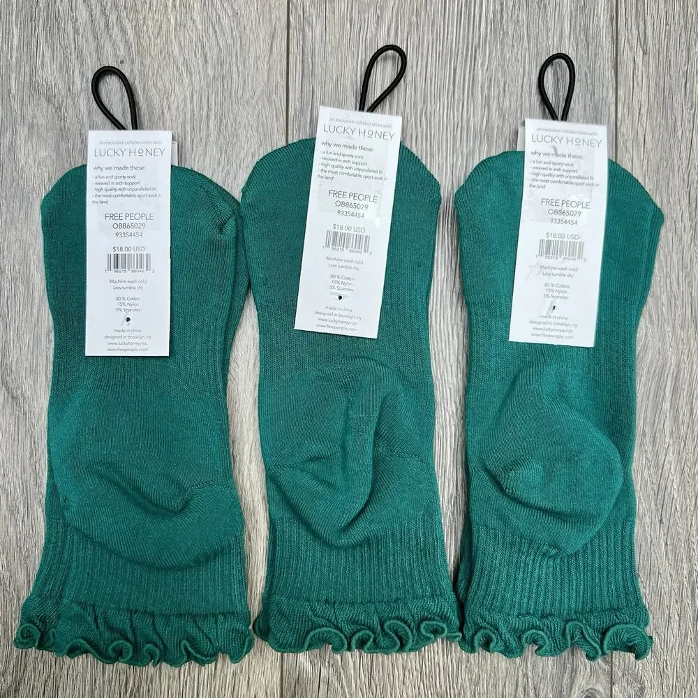 3 Pack Free People Movement Ruffle Sport Sock Green Ankle Lucky Honey