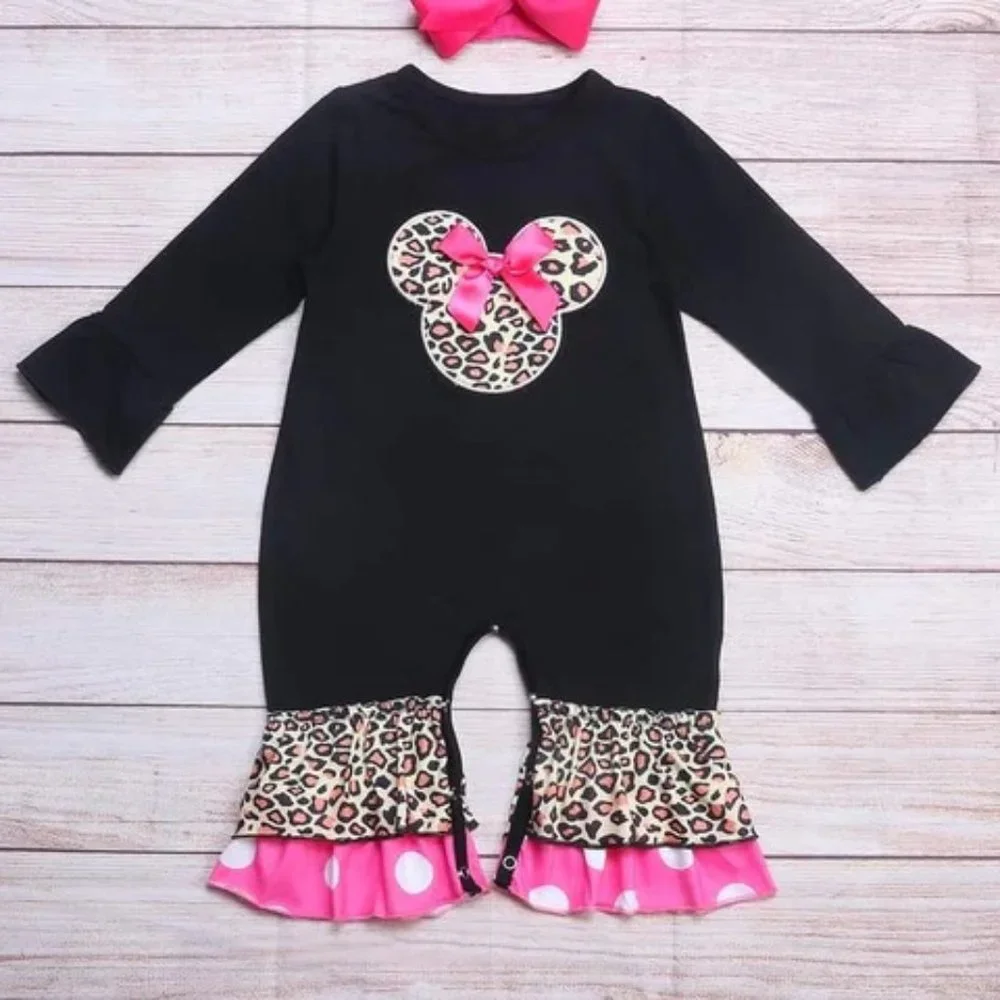 Boutique Baby Girls Leopard Print Minnie Mouse Ruffle Romper Jumpsuit