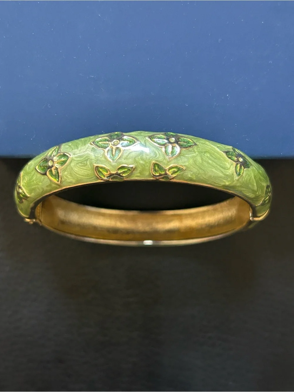 Vintage Green Enamel Gold-Tone Monogram Flower Hinged Bangle Bracelet