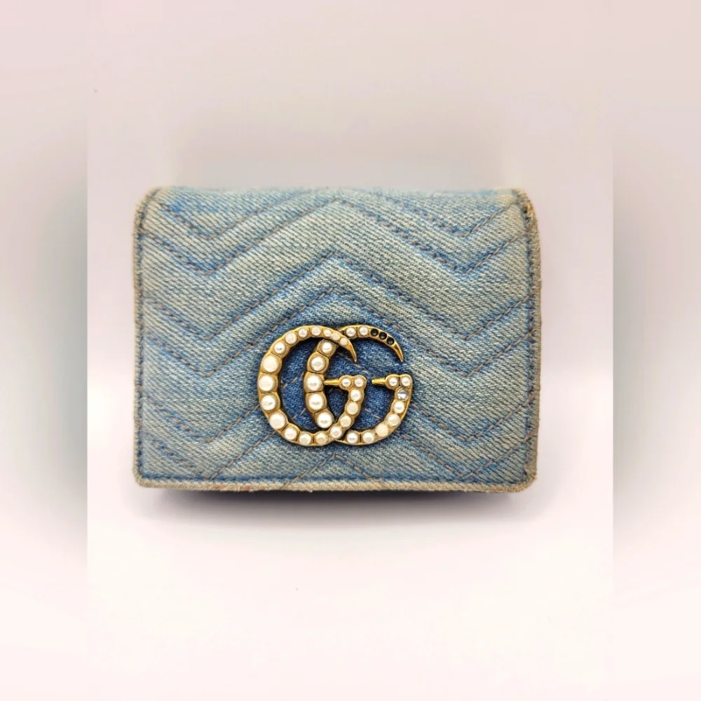 GUCCI Blue Quilted Denim Pearl GG Marmont Small Flap Wallet Card Case