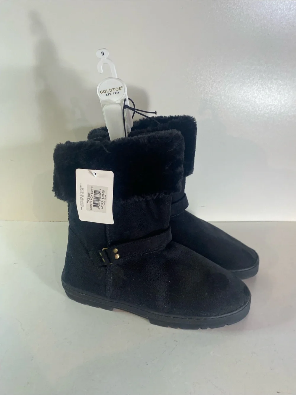 NWT Gold Toe Lightweight Black Suede Faux Black Fur Cuff Size 9