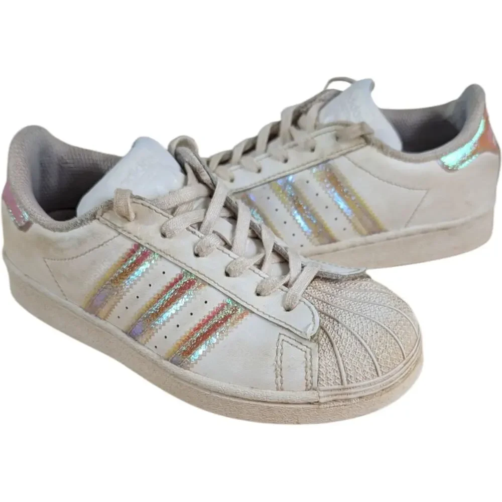Adidas Girls Superstar Shoes White Size 13K fv3147 Iridiscente Shiny Stripes