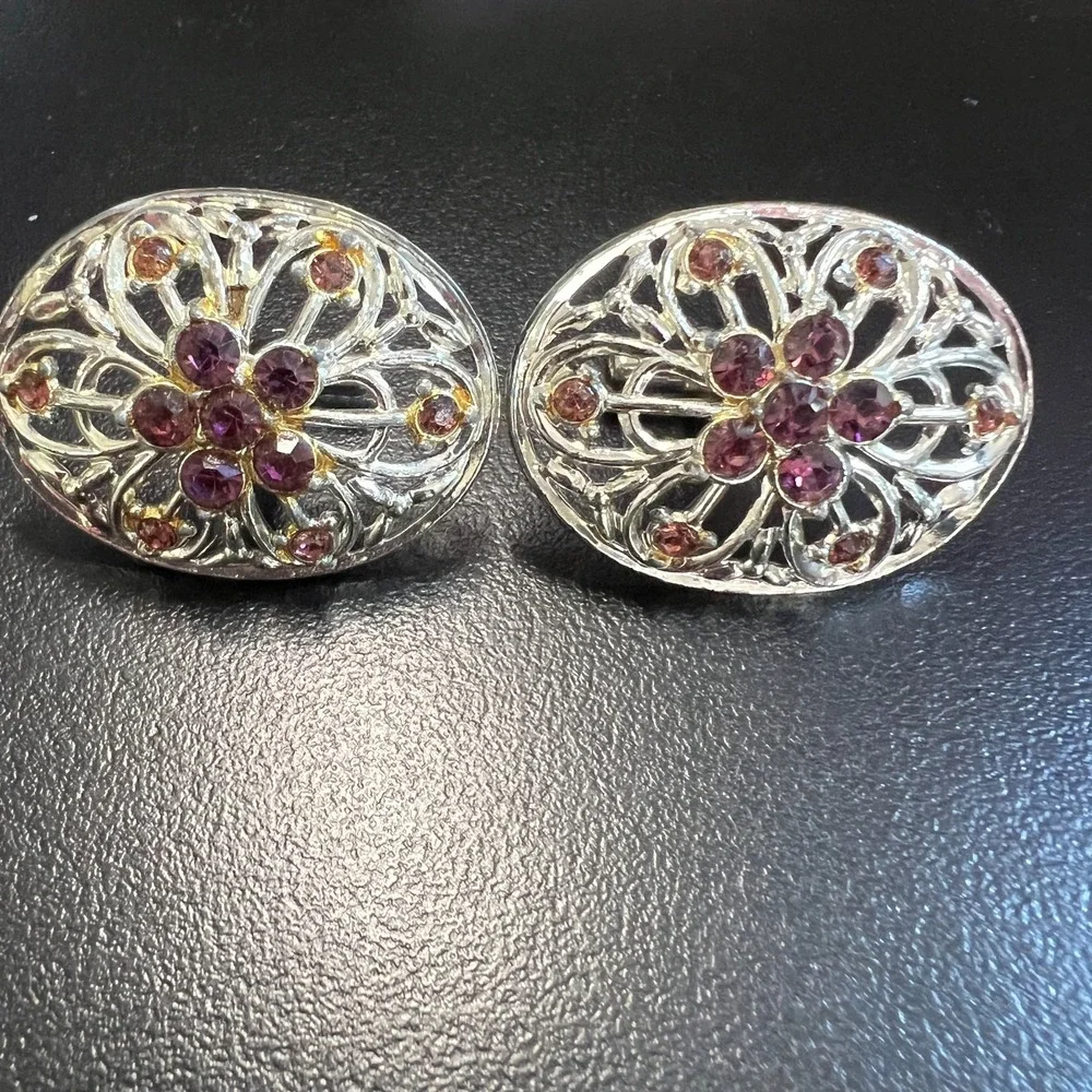 Vintage Silver Filigree Cufflinks Purple and Amber Rhinestones‎ Oval Statement