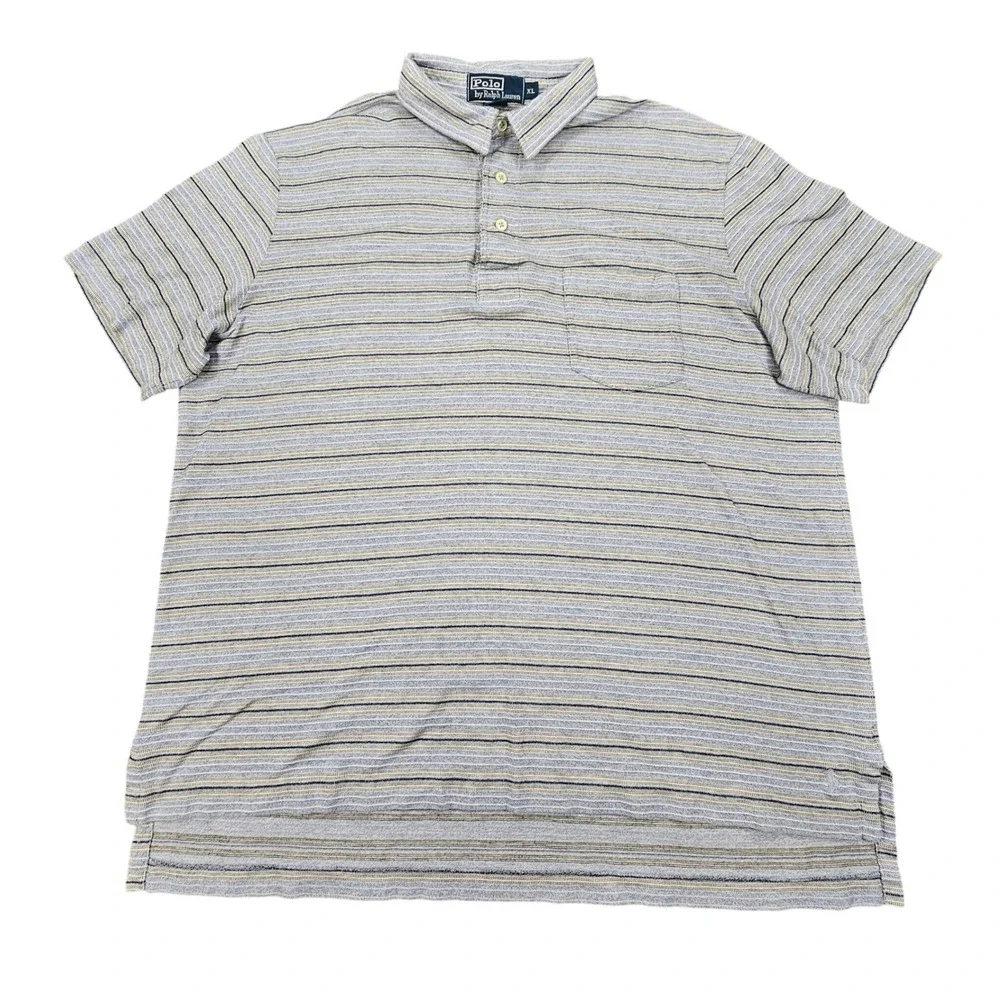 Polo Ralph Lauren XL Pima Cotton Striped Polo Shirt Blue Tan Pocket Mens Classic