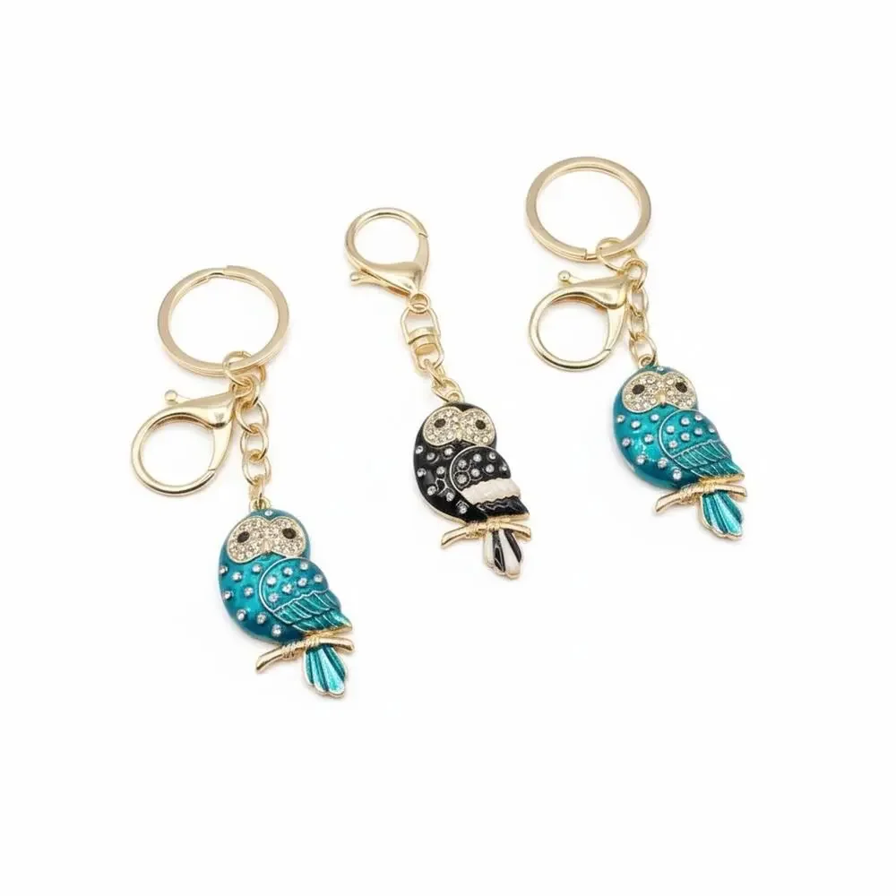 3 Owl Keychains in Teal &  Black with‎ Gold trim