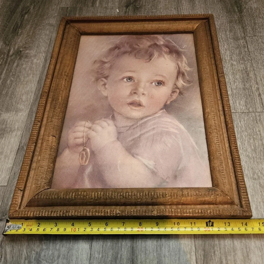 VTG Catholic framed print child praying‎ wooden board 19x14 Wood Picture Frame