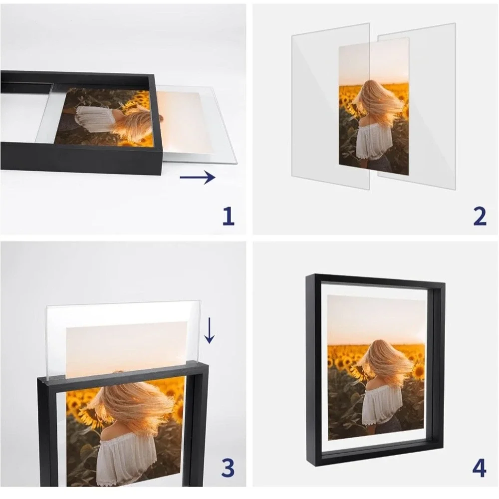 WIFTREY Black 8x10 Floating Picture Frame 2 Pack Double Glass Distressed Wood