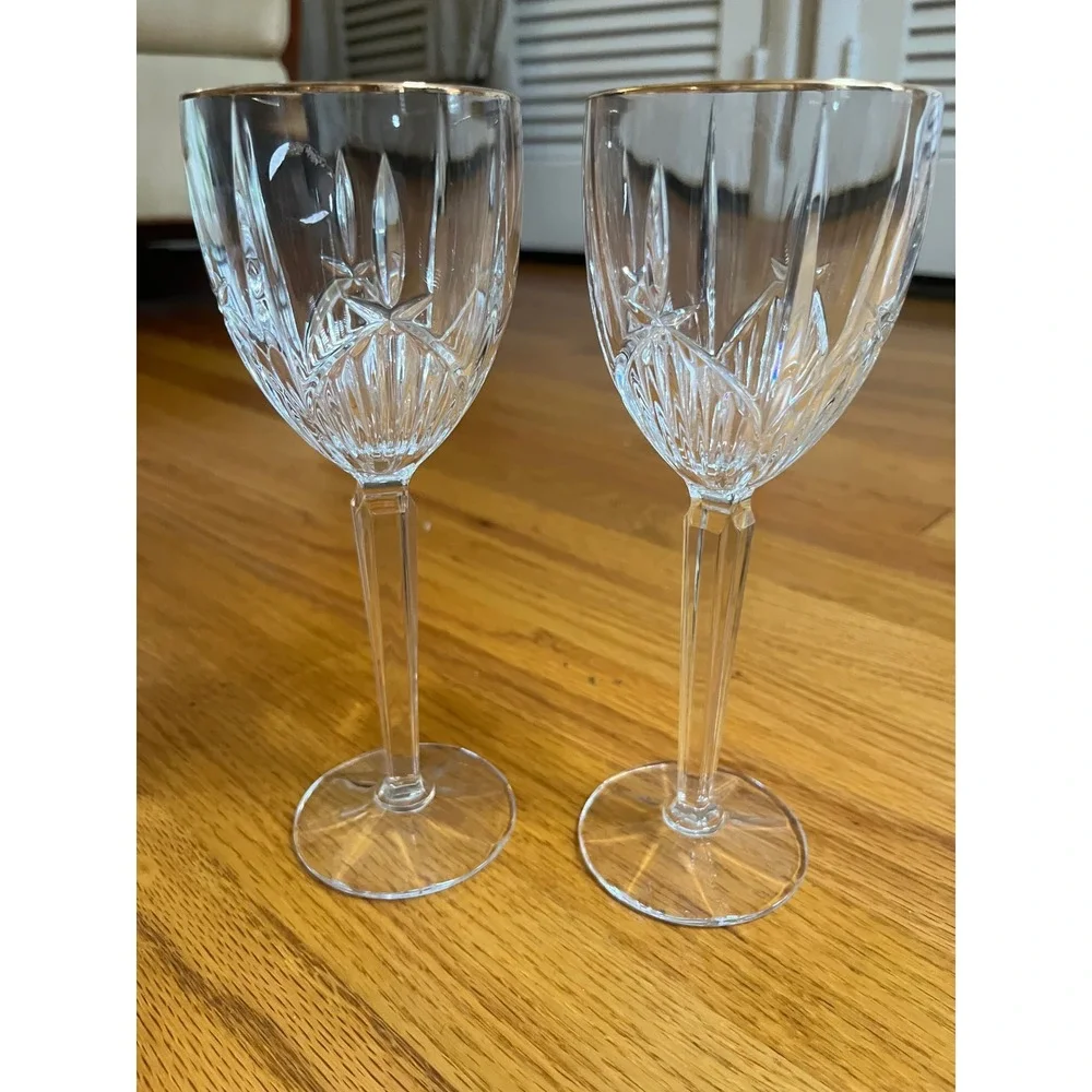 Vintage Lead Crystal Wine Glasses Gold Rim Starburst Cut Glass Stemware Set of 2