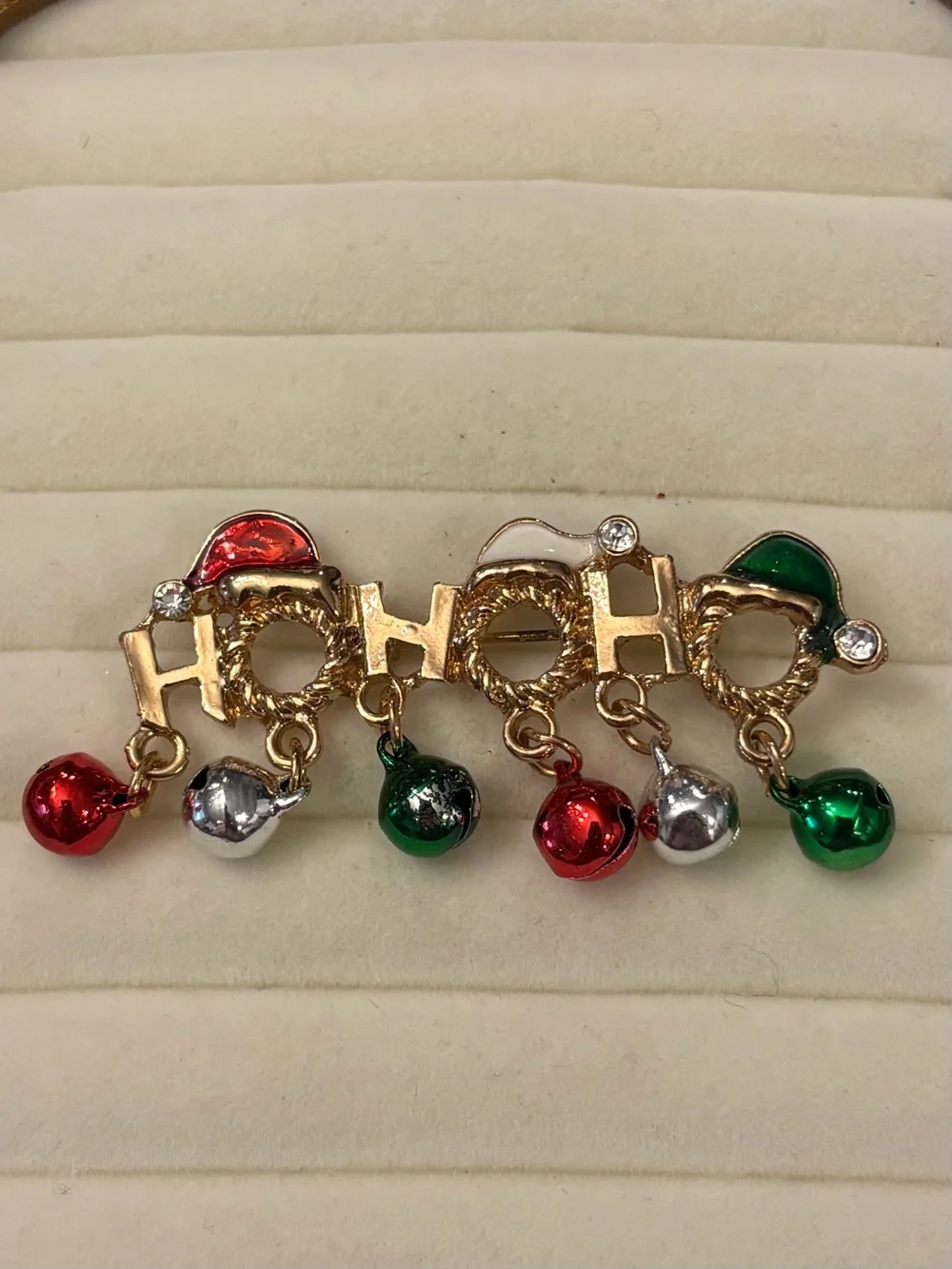 Season's Greetings Ho Ho Ho Santa‎ Hat Christmas Pin Brooch Dangling Bells