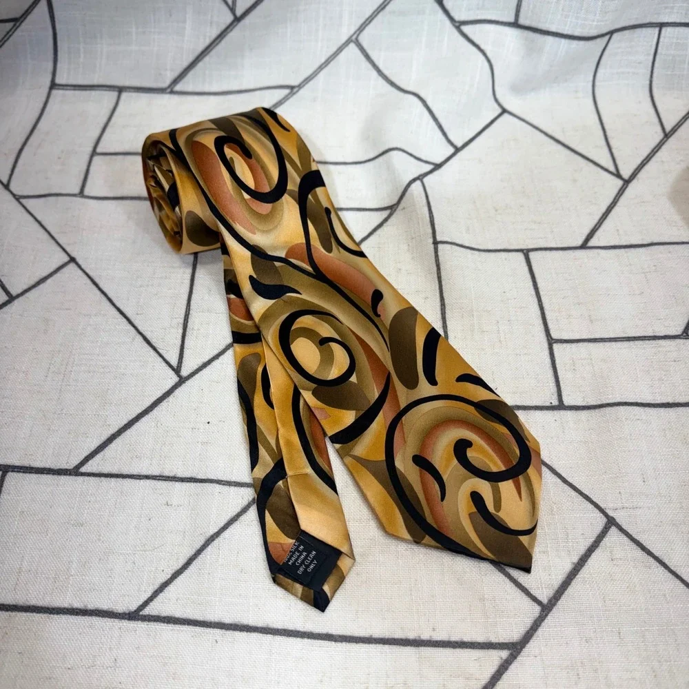 J. Garcia Necktie OS Gold Abstract‎ Psychedelic Swirl 100% Silk Tie