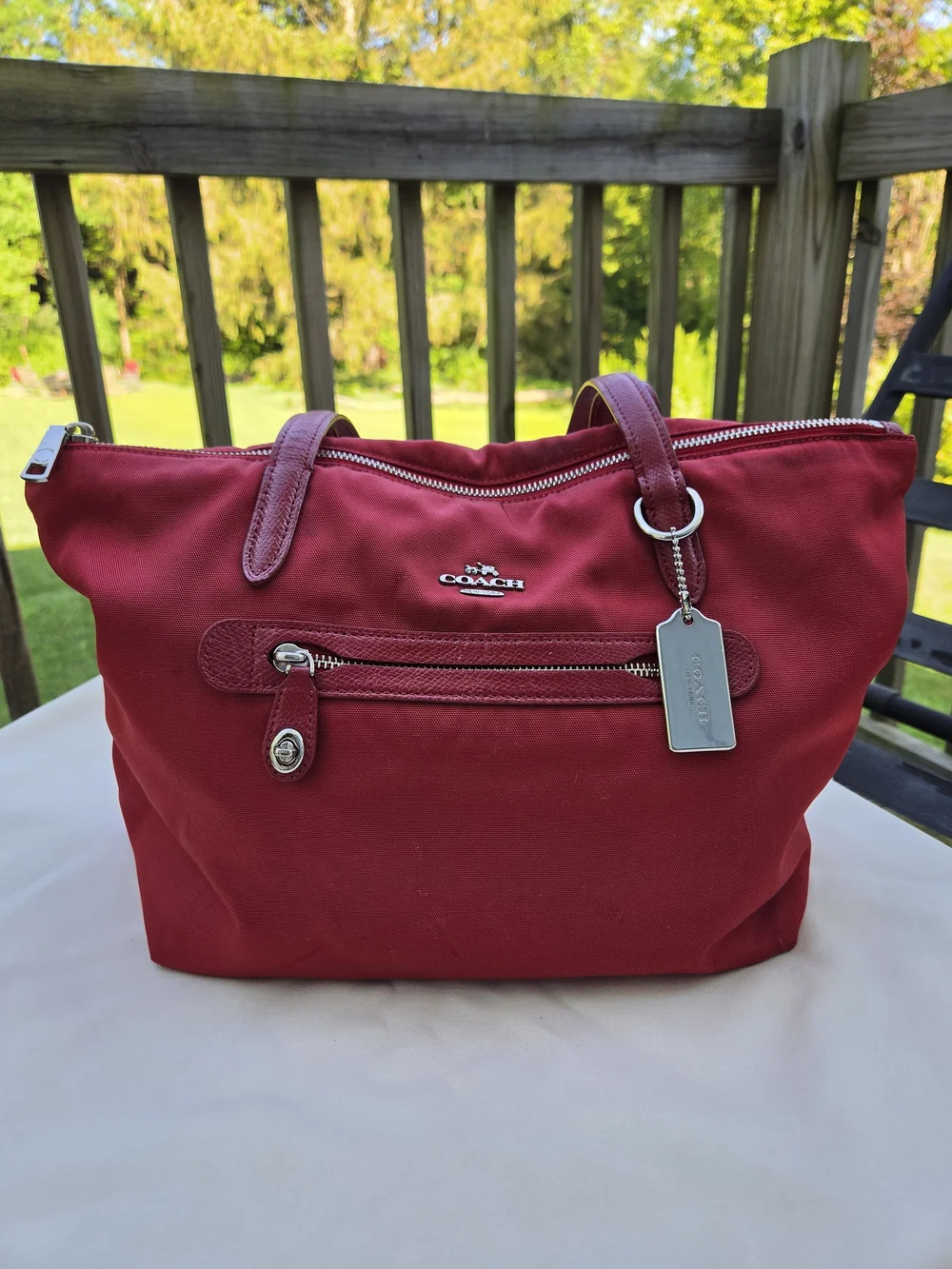 Coach Red Taylor Nylon Zip Tote with Silver Hardware