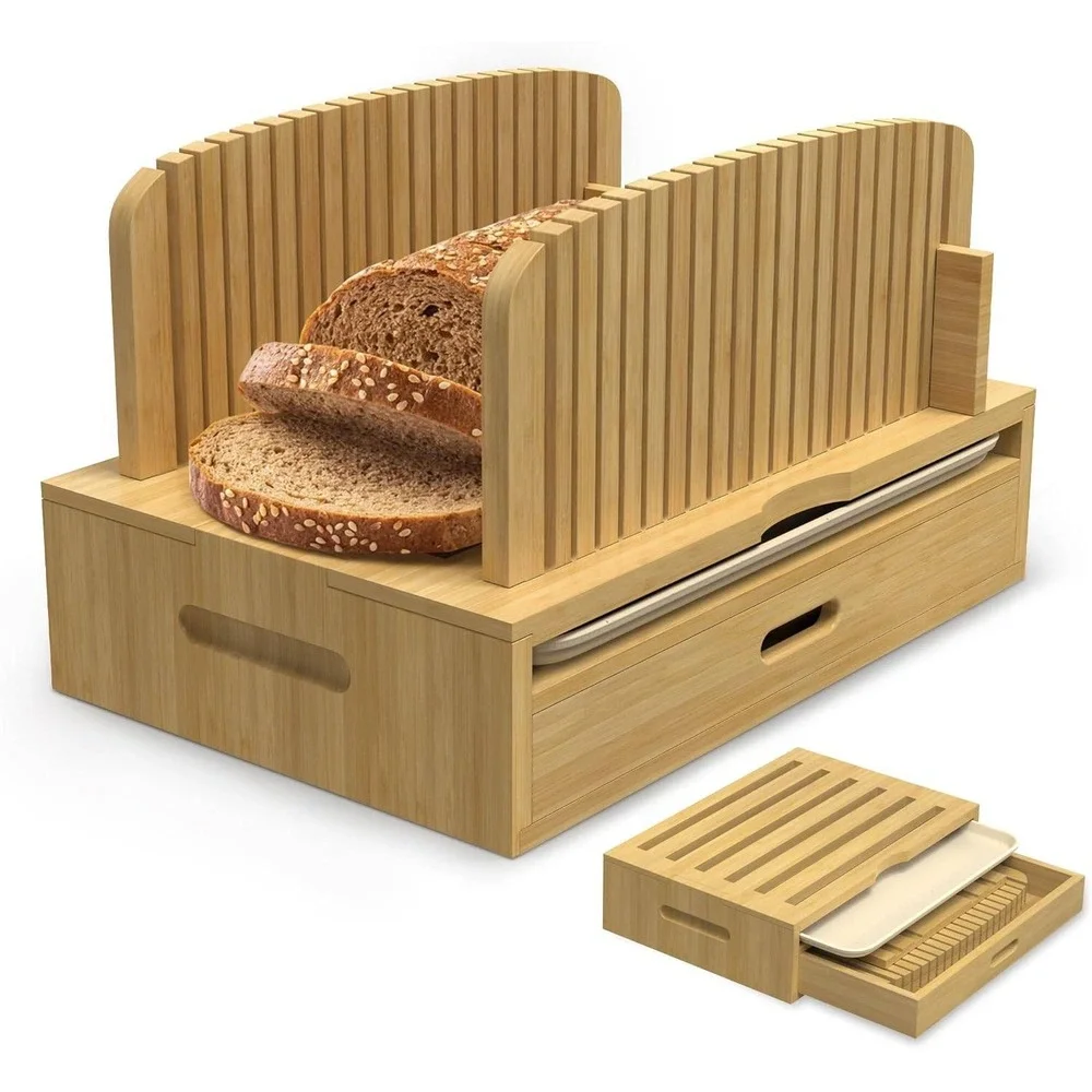 Bamboo Bread Slicer Guide Adjustable Width Wood Slicing Tool with Crumb Tray New