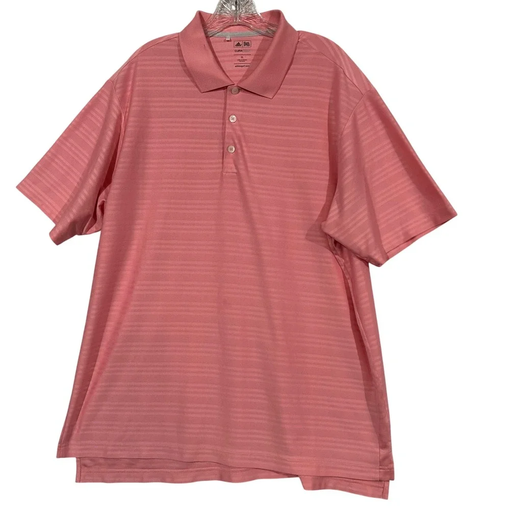 Adidas Golf Mens ClimaCool Polo Shirt Salmon Pink Striped Short Sleeve XL