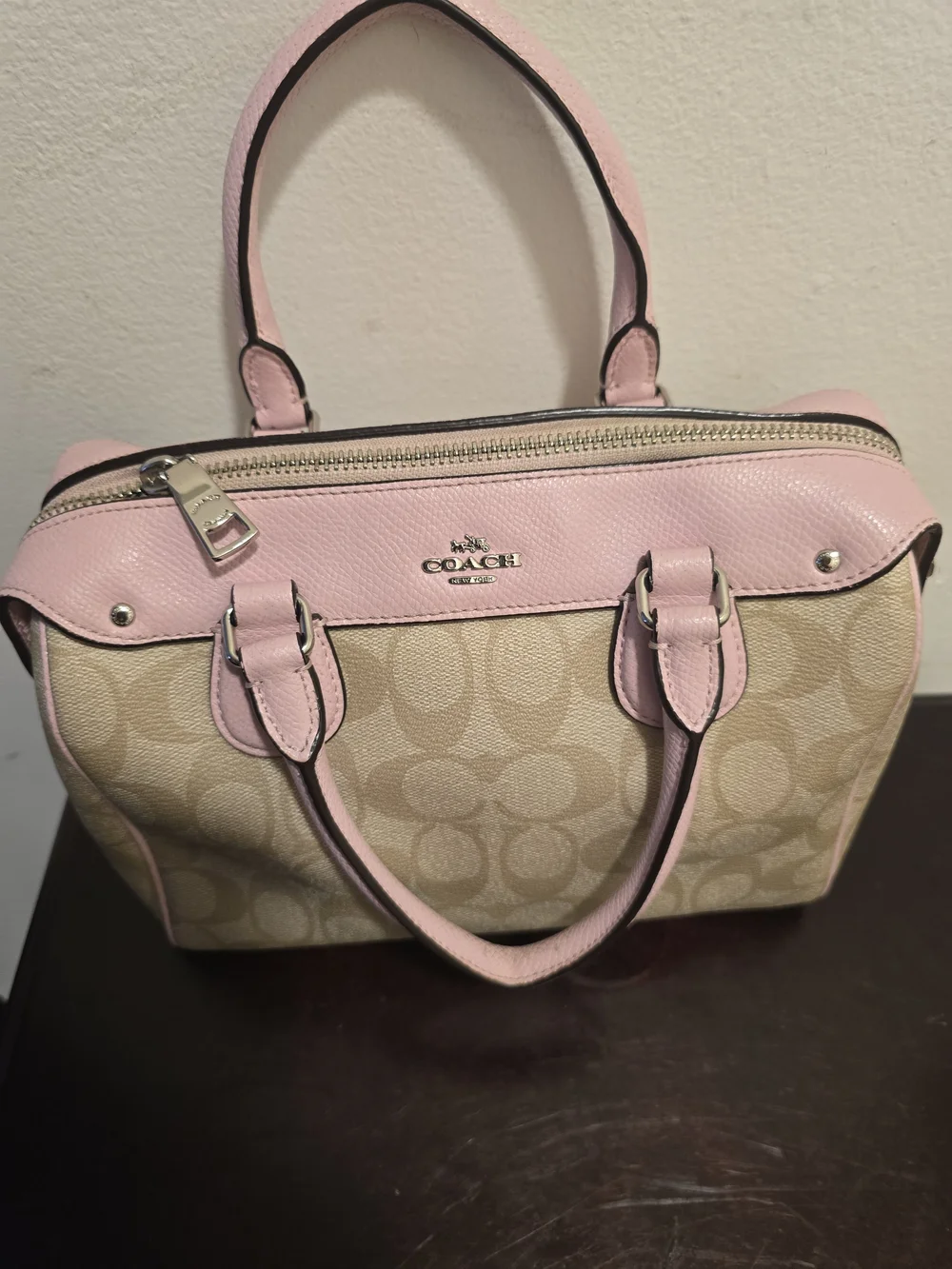 Coach Pink Trim Signature Satchel in Tan Canvas