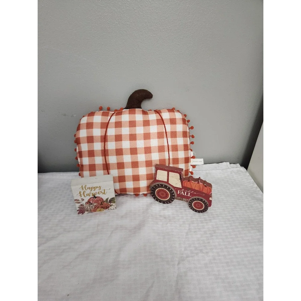Fall Decor Bundle Buffalo Check Pumpkin Pillow Happy Harvest Hello Fall Signs