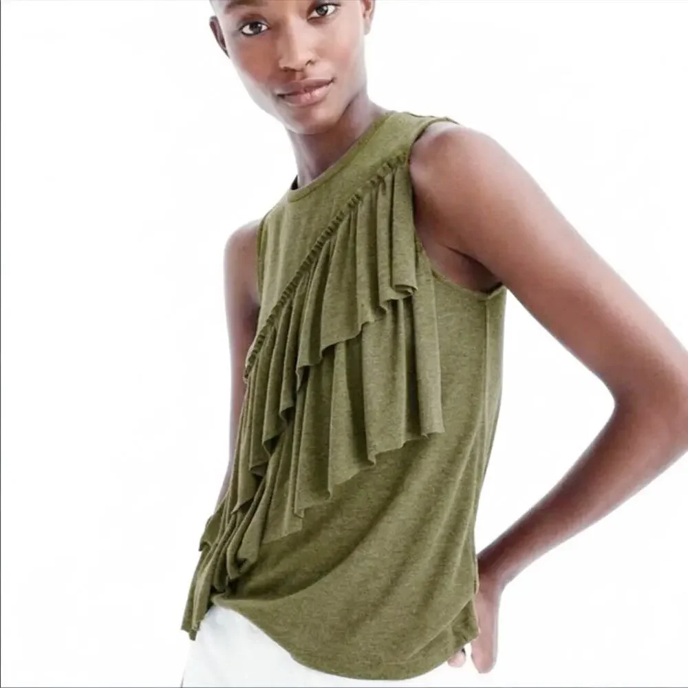 J. Crew Olive Green Draped Ruffle Tank Top Size Medium