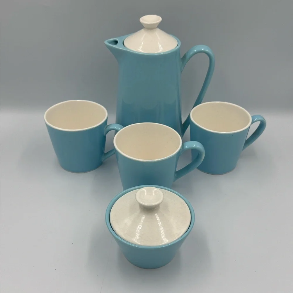 Vintage Cameron Clay Products Scandia Blue & White Coffee Set