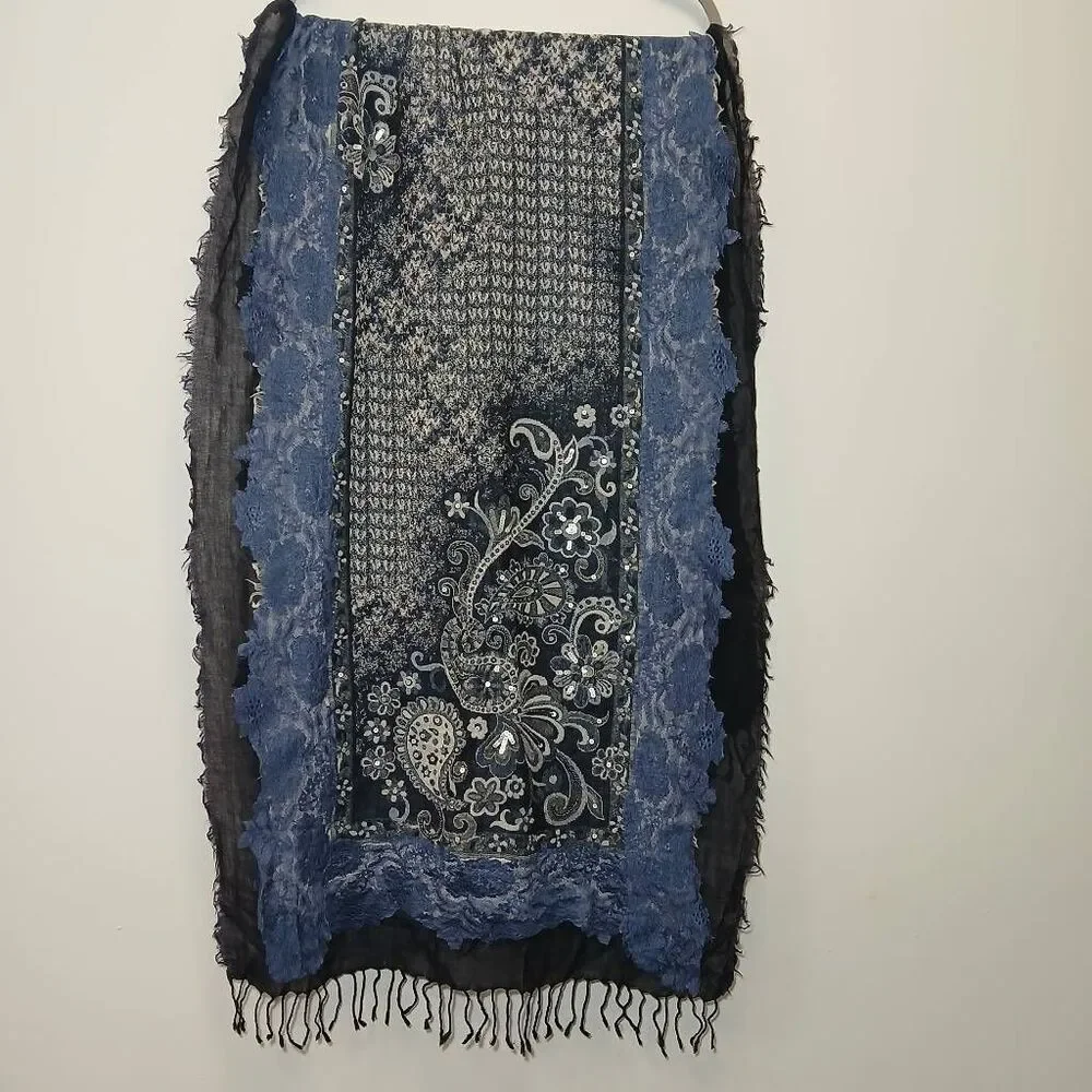 Handmade fine 100% wool womens long scarf paisley blue black fringe patchwork
