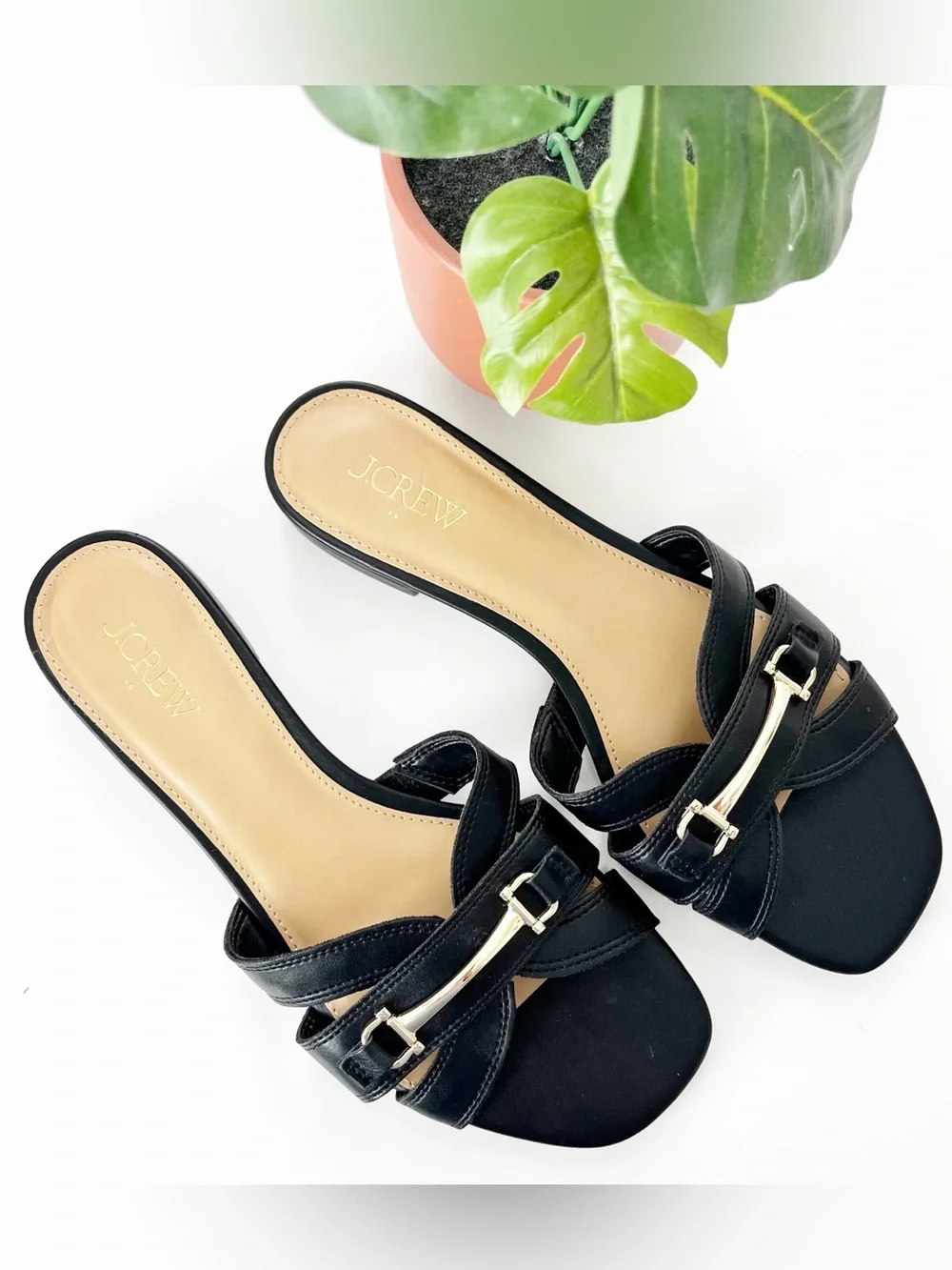 J.Crew Black Strappy Upper Gold Hardware Bit Slide Casual Sandals