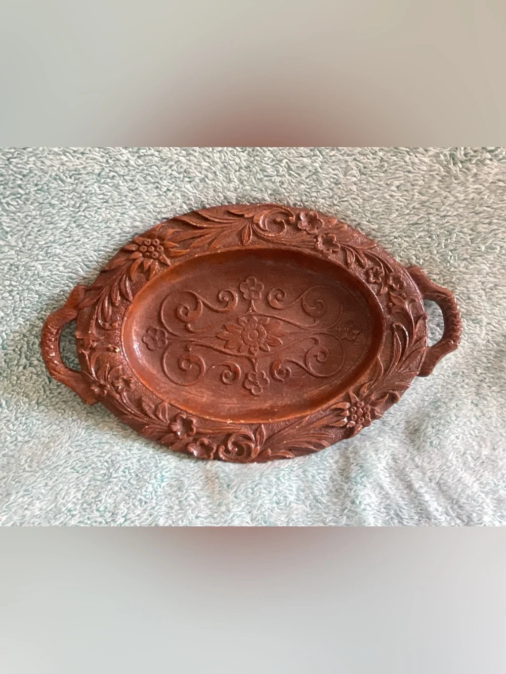 Vintage Walnut Wood Hand Carved Bowl Tray Floral 11