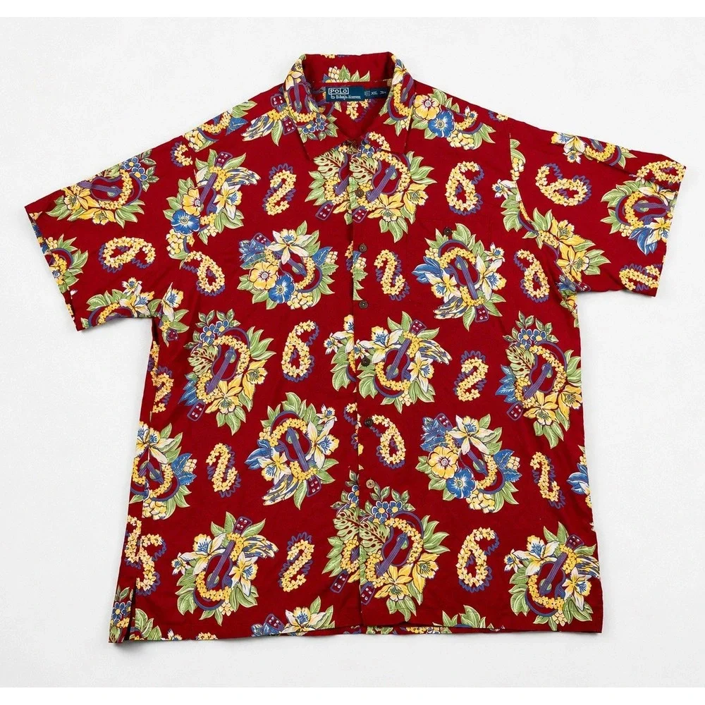 Vintage Polo Ralph Lauren Hawaiian Camp Shirt XXL Red Rayon Aloha Korea
