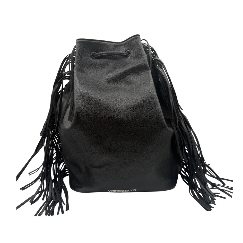 Victoria's Secret Bucket Bag Womens Large Black Excellent Fringe Drawstring‎