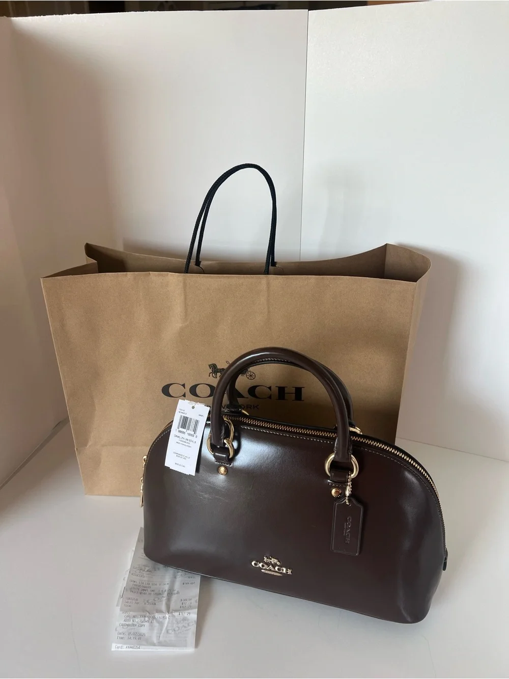 Coach Dark Brown Leather Dome Satchel with Gold Hardware