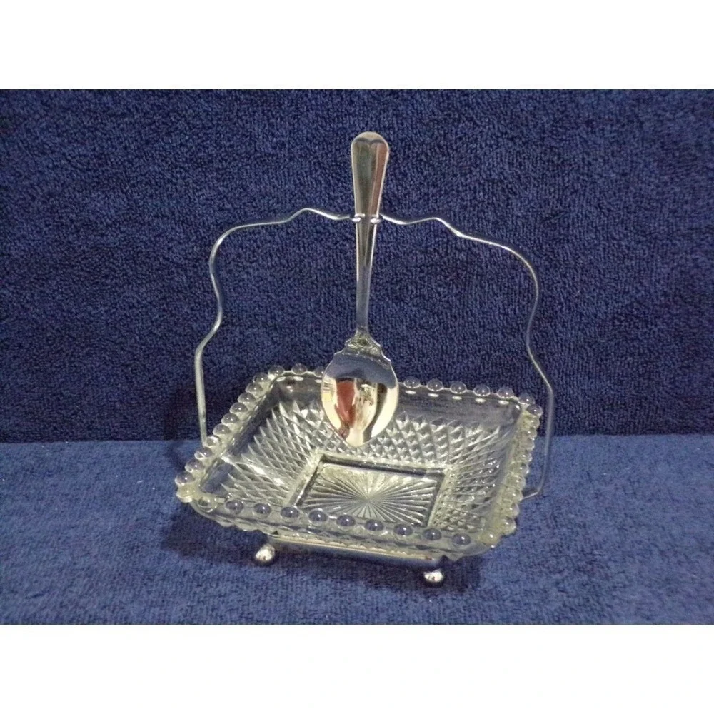 Vintage 3 Piece Square‎ Diamond Glass Jelly Relish Dish Hanging Metal Spoon Rack