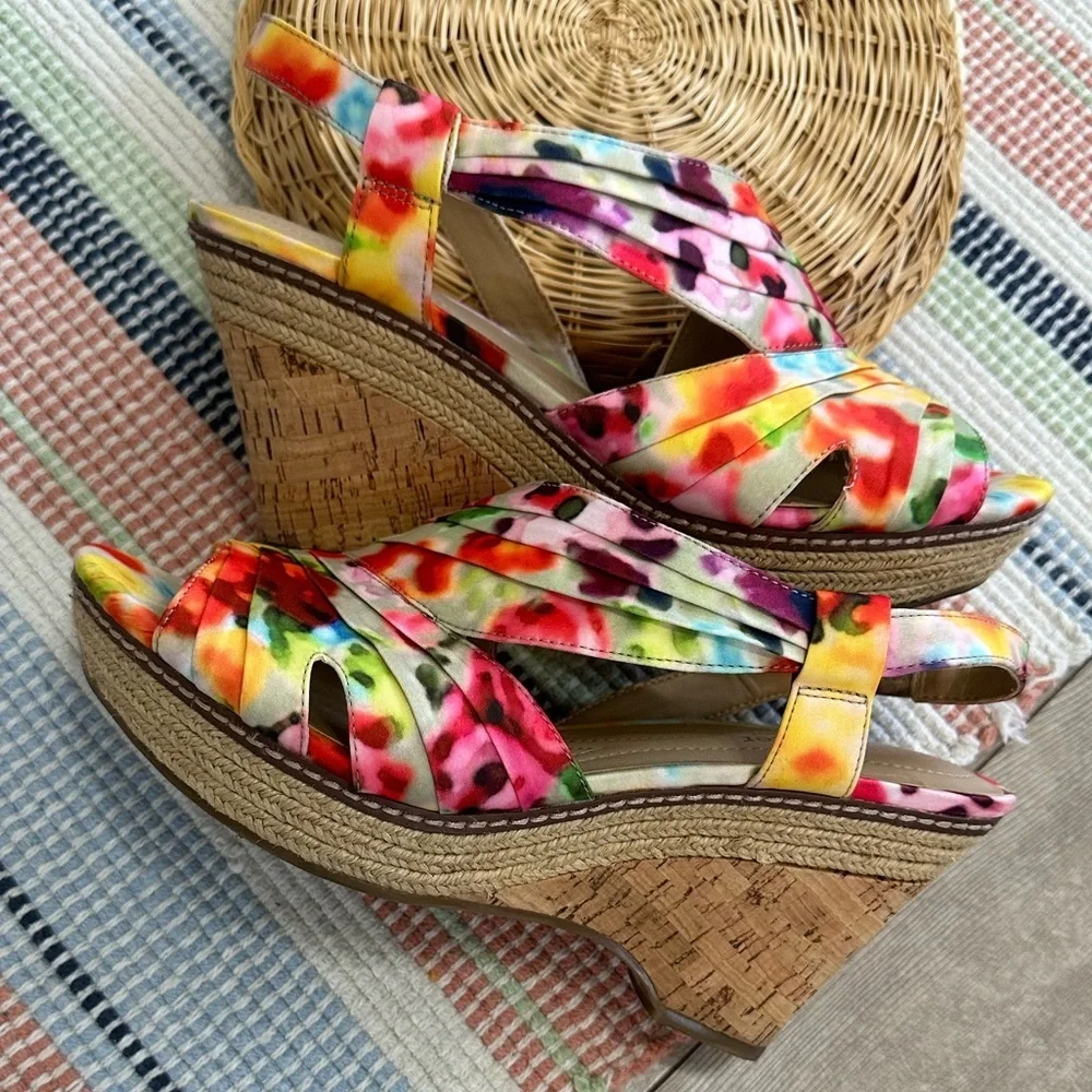 Naturalizer Lulianna Floral Ankle Strap Wedge Sandal Heel Shoes Size 8 1/2W