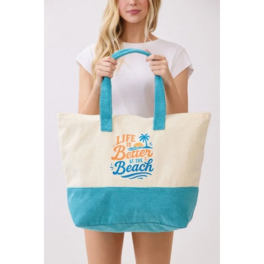 Womens Beach Tote Bag Canvas Blue‎ Trim Beach Graphic