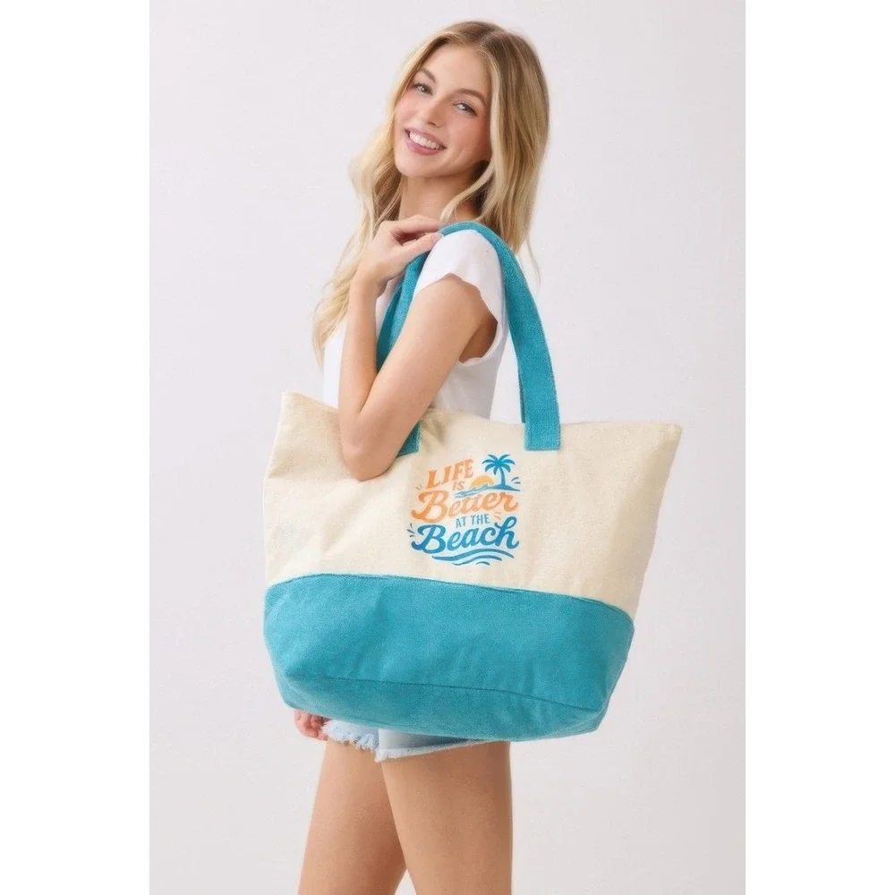 Womens Beach Tote Bag Canvas Blue‎ Trim Beach Graphic