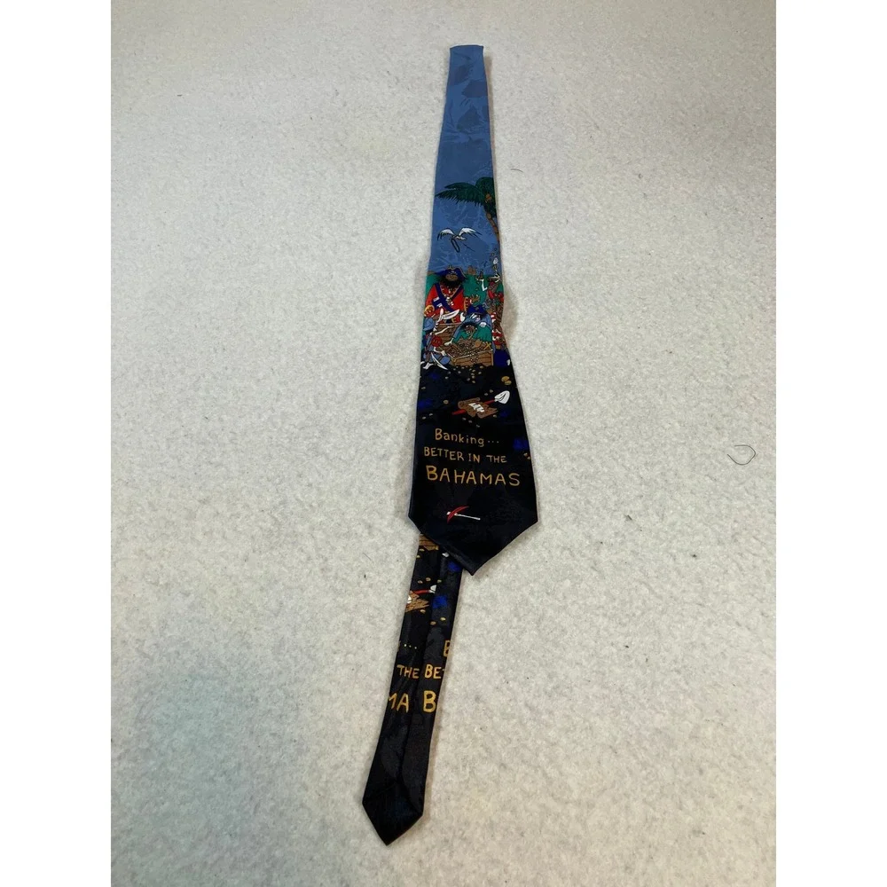Brent Antoni Hand Made Tie Banking Better in the Bahamas Pirate Graphic Blue
