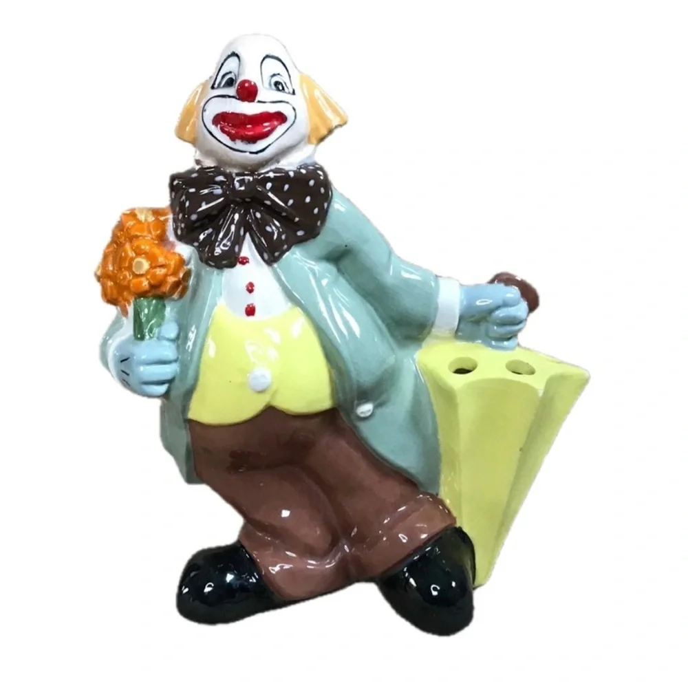Vintage Ceramic Clown with Umbrella Flower Frog Figure Whimsical Colorful Retro