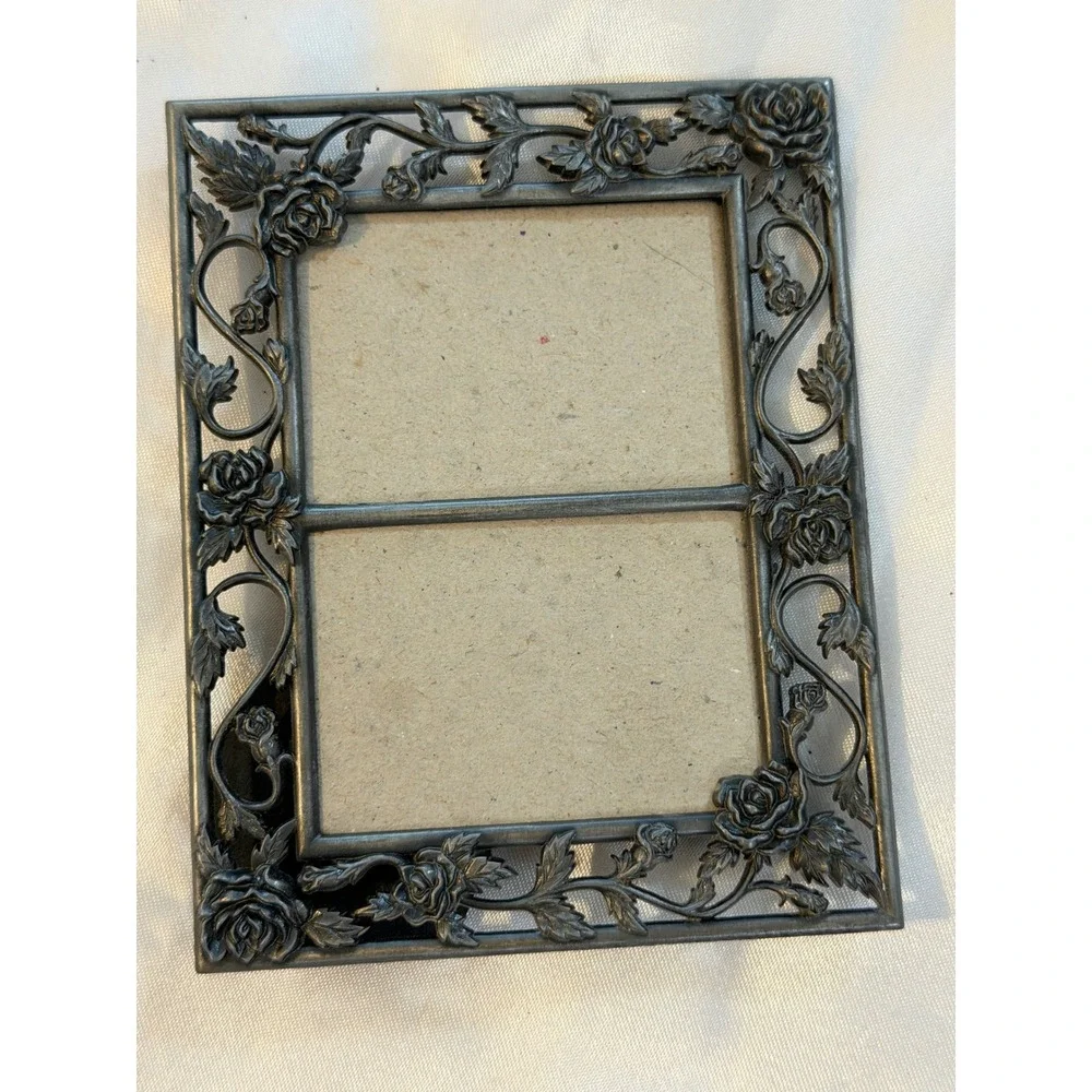 Vintage Pewter Tone Rose Filigree Double Photo Frame Floral 2x3 Horizontal