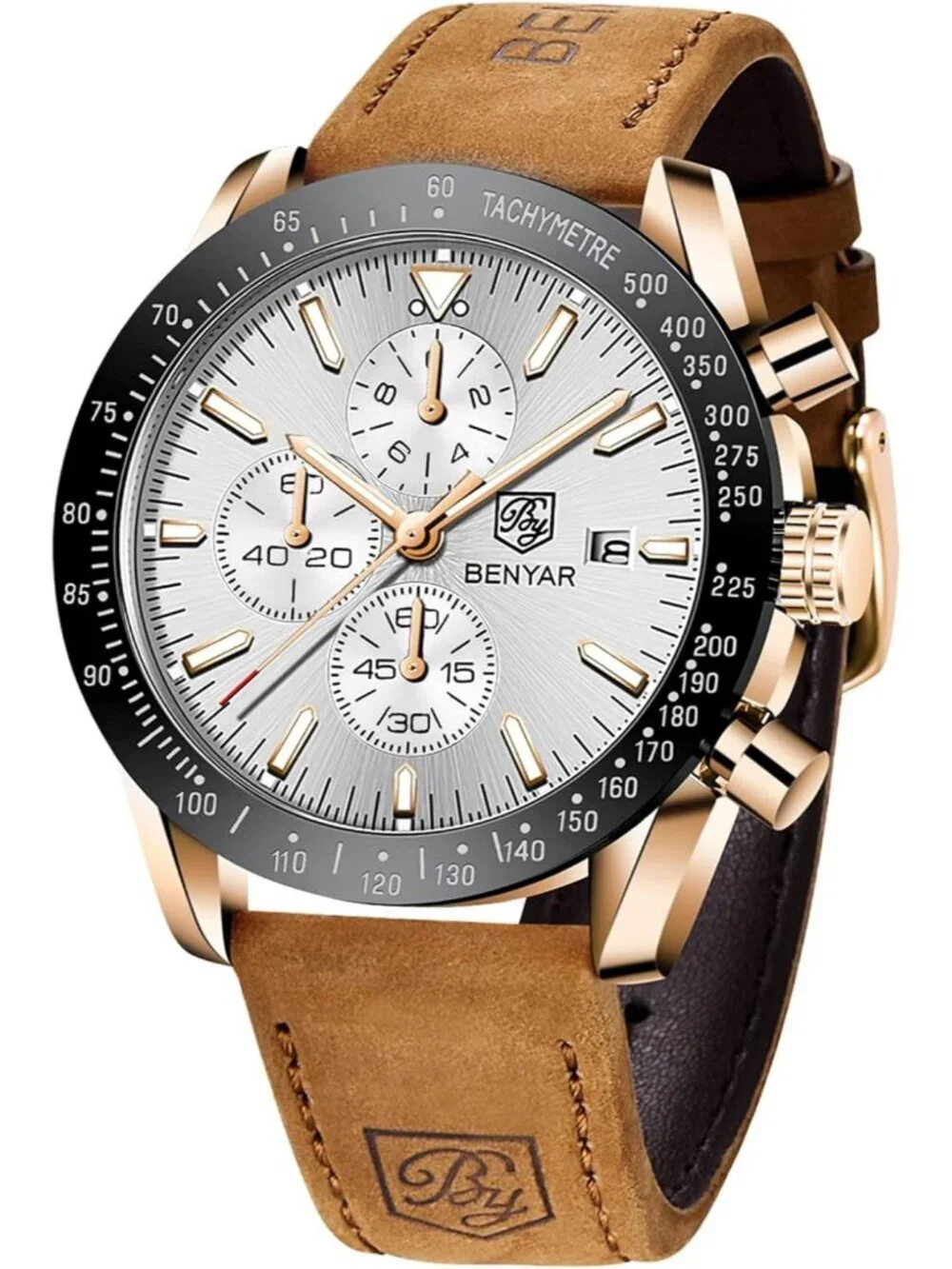Men White Analog Brown Silicone Strap Chronograph Luminous Designer Casual Watch