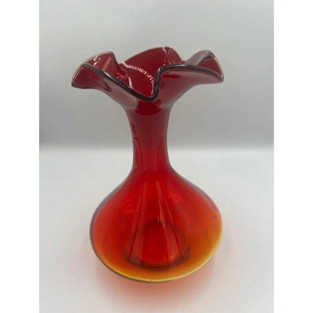 Vintage Amberina MCM Art Glass Ruffled Rim Vase Red Orange Blown Glass 10.5 In